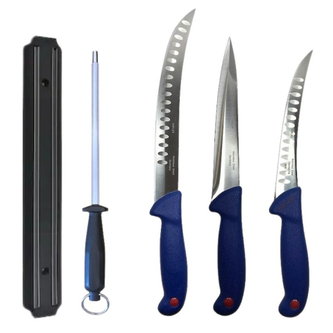Cutite si tacamuri - Set profesional de macelarie, injunghiat, transat, dezosat, filetat, 3 cutite, suport magnetic, masat pentru ascutit