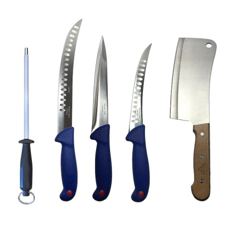 Cutite si tacamuri - Set profesional de macelarie, injunghiat, transat, dezosat, filetat, masat pentru ascutit, 3 cutite, satar