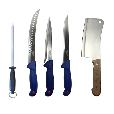 Cutite si tacamuri - Set profesional de macelarie, injunghiat, transat, dezosat, filetat, satar, 3 cutite, masat pentru ascutit