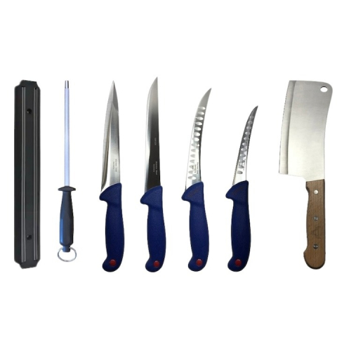 Cutite si tacamuri - Set profesional de macelarie, injunghiat, transat, dezosat, filetat, satar, 4 cutite, suport magnetic, masat pentru ascutit