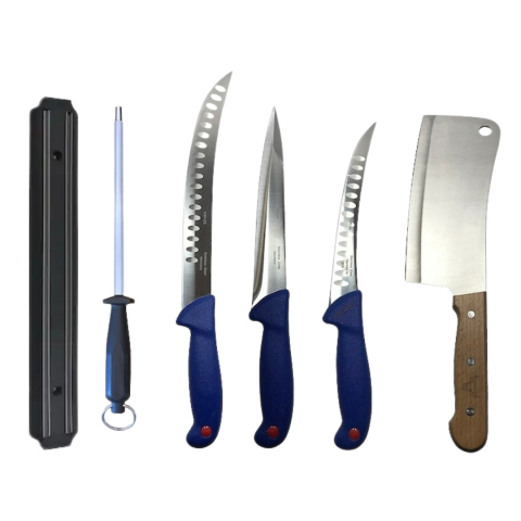 Cutite si tacamuri - Set profesional de macelarie, injunghiat, transat, dezosat, filetat, suport magnetic, 3 cutite, masat pentru ascutit, satar