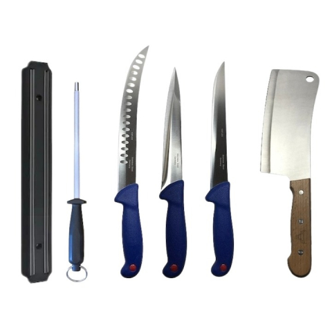 Cutite si tacamuri - Set profesional de macelarie, injunghiat, transat, dezosat, filetat, suport magnetic, satar 3 cutite, masat pentru ascutit