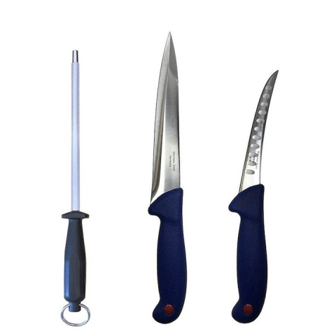 Cutite si tacamuri - Set profesional de macelarie, injunghiat, transat, filetat, dezosat, 2 cutite, masat pentru ascutit