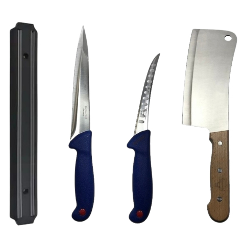 Cutite si tacamuri - Set profesional de macelarie, injunghiat, transat, filetat, dezosat, 2 cutite, suport magnetic, satar