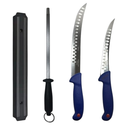 Cutite si tacamuri - Set profesional de macelarie, transat, degresat, dezosat, otel carbon, 2 cutite, suport magnetic, masat pentru ascutit