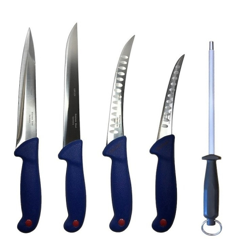 Cutite si tacamuri - Set profesional de macelarie, transat, dezosat, injunghiat, filetat, 4 cutite si masat pentru ascutit