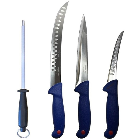 Cutite si tacamuri - Set profesional de macelarie, transat injunghiat, dezosat, filetat, 3 cutite, masat pentru ascutit