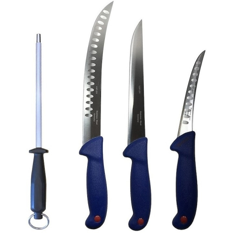 Cutite si tacamuri - Set profesional de macelarie, transat, injunghiat ,dezosat, filetat, 3 cutite otel carbon, masat pentru ascutit