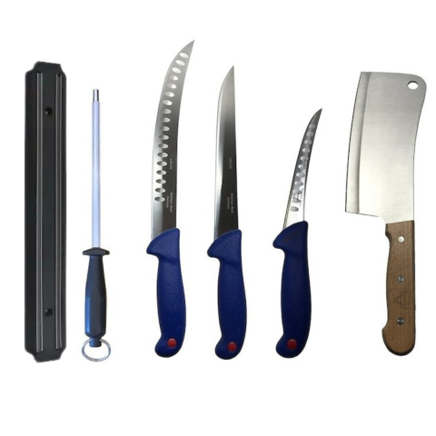 Cutite si tacamuri - Set profesional de macelarie, transat, injunghiat, dezosat, filetat, 3 cutite otel carbon, satar, masat pentru ascutit, suport magnetic