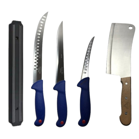 Cutite si tacamuri - Set profesional de macelarie, transat, injunghiat, dezosat, filetat, 3 cutite otel carbon, satar, suport magnetic