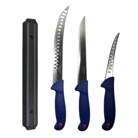 Cutite si tacamuri - Set profesional de macelarie, transat, injunghiat ,dezosat, filetat, 3 cutite otel carbon, suport magnetic