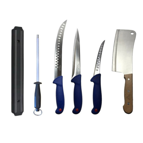 Cutite si tacamuri - Set profesional de macelarie, transat, injunghiat, dezosat, filetat, 3 cutite, satar, masat pentru ascutit, suport magnetic
