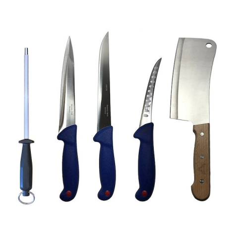 Cutite si tacamuri - Set profesional de macelarie, transat, injunghiat, dezosat, filetat, satar, masat pentru ascutit, 3 cutite otel carbon