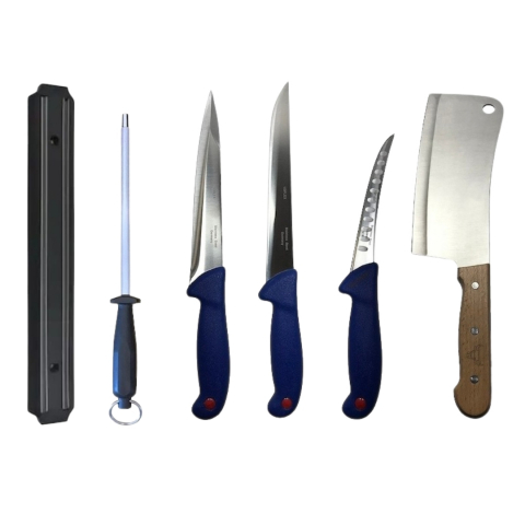 Cutite si tacamuri - Set profesional de macelarie, transat, injunghiat, dezosat, filetat, satar, suport magnetic, masat pentru ascutit, 3 cutite otel carbon