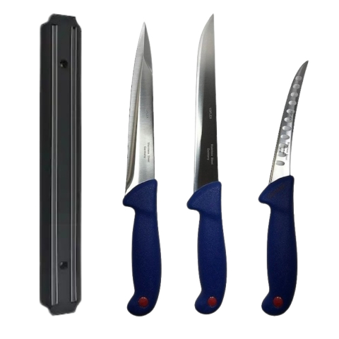 Cutite si tacamuri - Set profesional de macelarie, transat, injunghiat, dezosat, filetat, suport magnetic, 3 cutite otel carbon