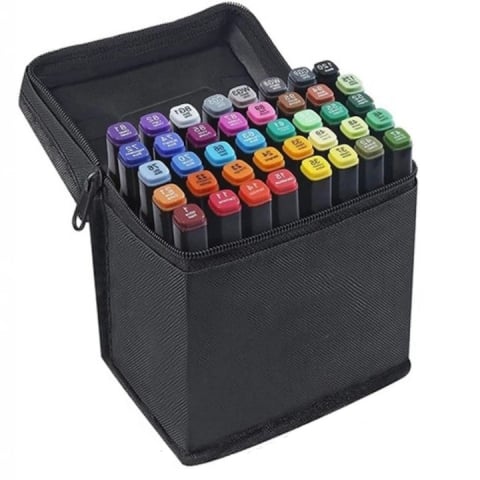 Set profesional de markere dual tip, 40 culori intense, cu husa de transport – pentru desen, schite, proiecte artistice si scoala