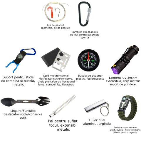 Set profesional de supravietuire in cutie etansa abs neagra cu lanterna uv kit de pescuit amnar si bratara paracord 10 in 1 pentru camping si munte [1]