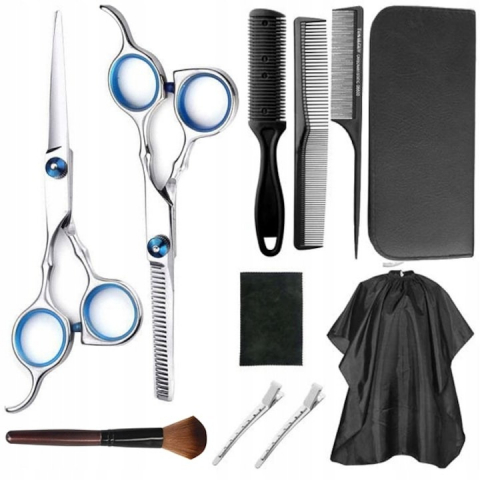 Ustensile îngrijire - Set profesional de tuns, 11 piese, accesorii incluse, 2 foarfece din otel, pelerina de coafor, piepteni