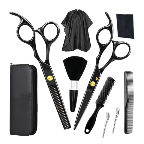 Perii păr - Set profesional de tuns 9 piese, foarfece tuns si filat din otel inoxidabil, pelerina, piepteni, accesorii frizerie, negru