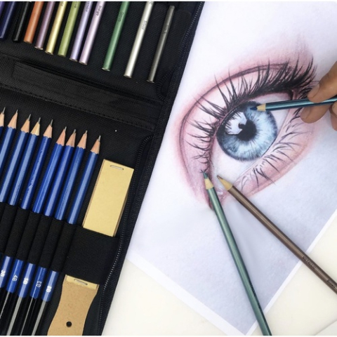 Set profesional desen, 73 piese, cu creioane grafit si colorate, husa textila, 30 x 21 x 3.5 cm [12]