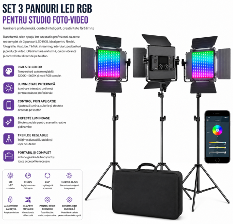 Iluminat LED - Set profesional iluminare studio cu 3 panouri LED RGB, 3200K-5600K, control prin aplicatie, 8 efecte luminoase, trepiede reglabile incluse