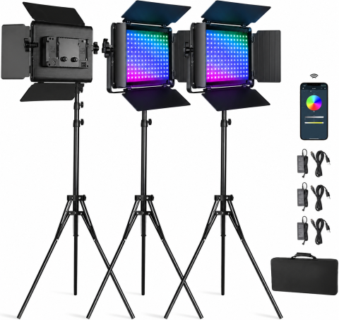 Iluminat LED - Set profesional iluminare studio cu 3 panouri LED RGB 50W, control prin aplicatie Bluetooth, 3200K-5600K, CRI97+, trepiede reglabile, pentru fotografie, video si streaming