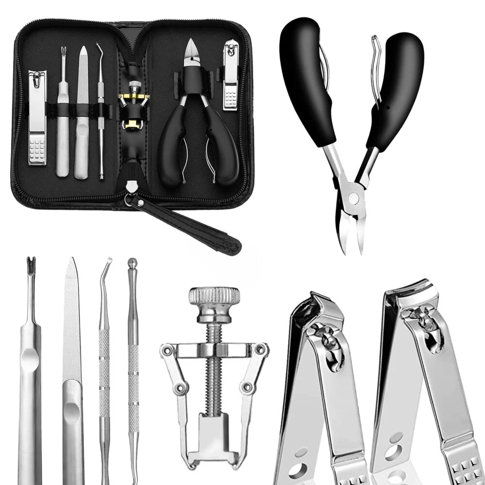 Ustensile îngrijire unghii - Set profesional manichiura si pedichiura 8 piese, otel inoxidabil, trusa eleganta din piele ecologica, pentru unghii, cuticule si ingrijire personala, negru