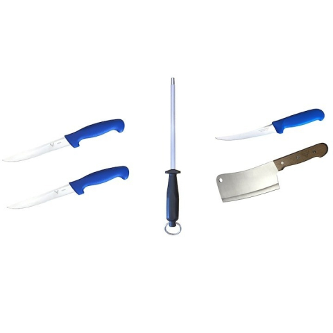 Cutite si tacamuri - Set profesional pentru macelarie, 3 cutite, 1 satar, 1 masat pentru ascutit