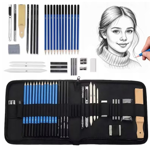 JOCURI ȘI JUCĂRII - Set profesional pentru schite in creion, 35 piese, bloc desen, creioane, carbune, radiere, ascutitori, mapa depozitare – complet si portabil pentru artisti si pasionati de desen