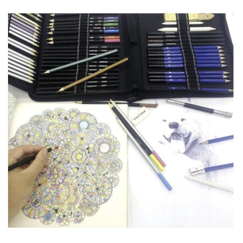Set profesional pentru schite si desen, 72 piese, creioane colorate, creioane schita, creioane acuarela, accesorii si mapa depozitare, multicolor [1]