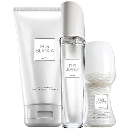 Set Pur Blanca 3 produse- Apa de toaleta 50 ml, Lotiune corp 150 ml si Deodorant cu bila roll-on 50 ml de la Avon