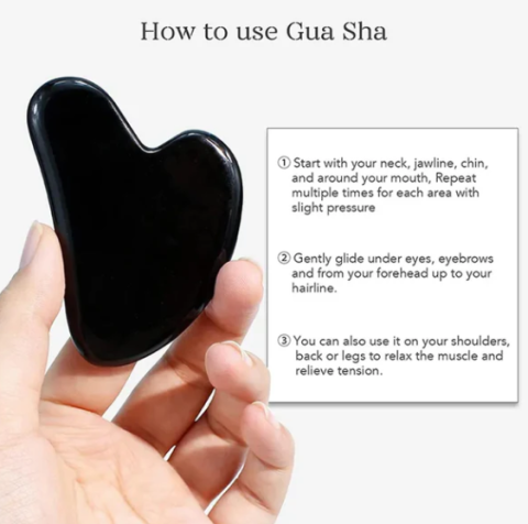 Set Rola Masaj Faciala si Piatra Gua Sha, Piatra Naturala Neagra, Accesorii Aurii, Efect Lifting si Anti-Pungi [4]