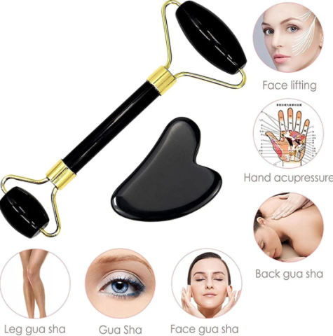 Set Rola Masaj Faciala si Piatra Gua Sha, Piatra Naturala Neagra, Accesorii Aurii, Efect Lifting si Anti-Pungi [1]