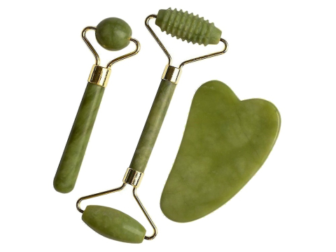 ÎNGRIJIRE PERSONALĂ - Set role masaj facial jad natural, gua sha, roller dublu, anti riduri, drenaj limfatic, efect racoritor, piele ferma