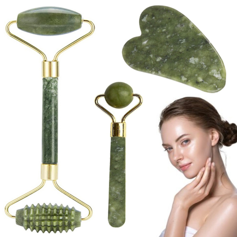Set role masaj facial jad natural, gua sha, roller dublu, anti riduri, drenaj limfatic, efect racoritor, piele ferma [7]