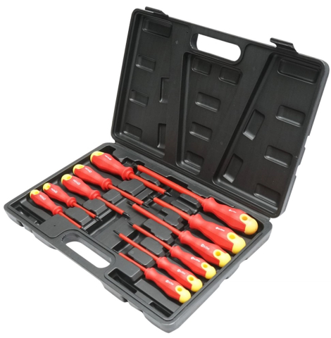 Truse cu scule - Set rosu 11 surubelnite izolate pentru lucrari electrice, capete drepte si cruce, manere ergonomice