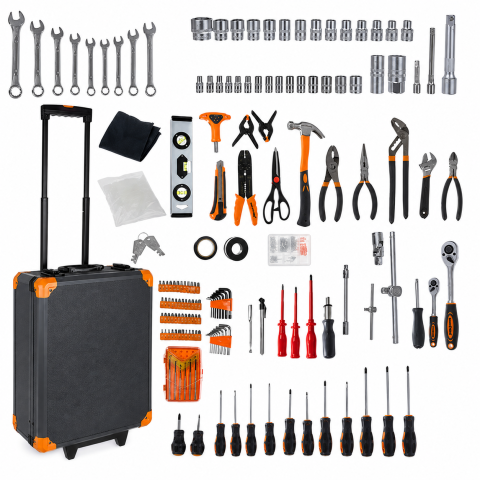 CASA & GRADINA - Set scule negru-portocaliu 1000 piese, valiza aluminiu 50 x 37 x 20 cm cu roti si maner telescopic