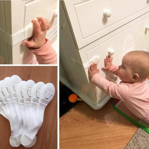 Set sigurante pentru usi si sertare, flexibile textile, ajustabile, cu adeziv 3M, pentru dulap, frigider, cuptor si mobilier, 10 bucati, alb [5]