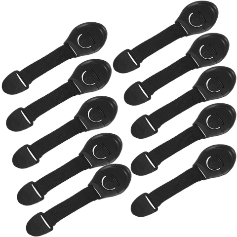 Protectie mobilier - Set sigurante pentru usi si sertare, flexibile textile, ajustabile, cu adeziv 3M, pentru dulap, frigider, cuptor si mobilier, 10 bucati, negru