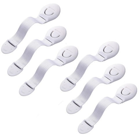 Protectie mobilier - Set sigurante pentru usi si sertare, flexibile textile, ajustabile, cu adeziv 3M, pentru dulap, frigider, cuptor si mobilier, 6 bucati, alb