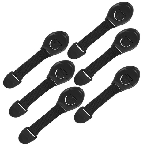 Set sigurante pentru usi si sertare, flexibile textile, ajustabile, cu adeziv 3M, pentru dulap, frigider, cuptor si mobilier, 6 bucati, negru