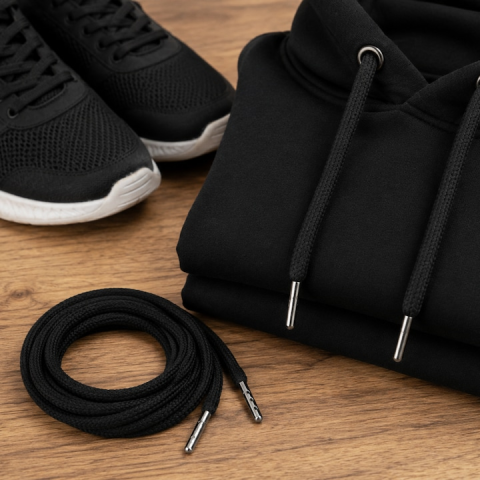 Set snururi negre pentru hanorac si pantaloni trening, sireturi rotunde din bumbac cu capete metalice pentru gluga, jachete si incaltaminte, 130 cm [1]