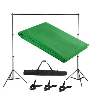 Fundal foto / video - Kit foto studio, suport fundal reglabil 2x3m, clesti de prindere + panza de fundal verde 3x3 m