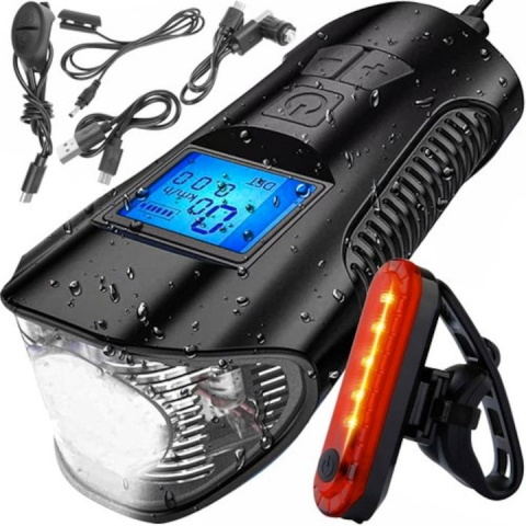 Faruri LED - Set stop si far pentru bicicleta cu kilometraj LCD 5 functii, claxon,rezistent la apa