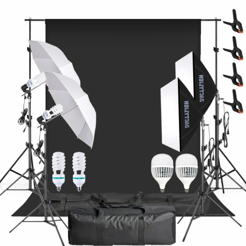 ECHIPAMENTE FOTO - Set studio 4 Trepiezi 2 Softbox cu Becuri Spiralate 150W 5500K, 2 Umbrele cu Becuri 80W, Suport Fundal Negru si 2 Genti Transport