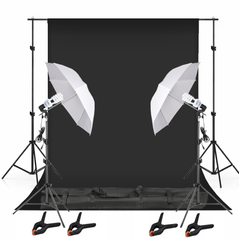 ECHIPAMENTE FOTO - Set studio foto video cu fundal negru profesional, 2 umbrele difuzie, 2 becuri fluorescente 45W 5500K, suport fundal reglabil 200 cm, 4 cleme si geanta transport