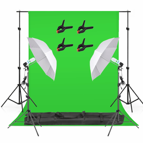 ECHIPAMENTE FOTO - Set studio foto video cu fundal verde chroma key, 2 becuri fluorescente 150W 5500K, 2 umbrele difuzie, suport reglabil 200 cm, 4 cleme si geanta transport