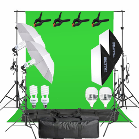 Kit studio complet - Kit studio foto video cu fundal verde chroma key, 2 softboxuri, 2 umbrele, 2 becuri fluorescente 45W 5500K si 2 LED 150W, suport reglabil 200 cm, genti transport