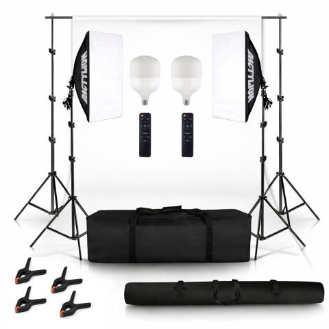 Set studio iluminare cu 2 softbox, 2 becuri 120W cu telecomanda, white screen, clame pentru panza, geanta transport