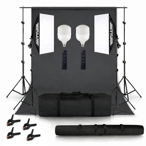Kit studio complet - Set studio iluminare cu 2 softbox, 2 becuri 120W, black screen, clame de panza, geanta transport